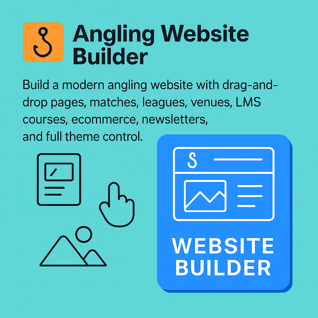 Flat illustration of an angling website builder: drag-and-drop blocks, fishing icons, venue pin, match table, and colour swatches in Clubnest colours.