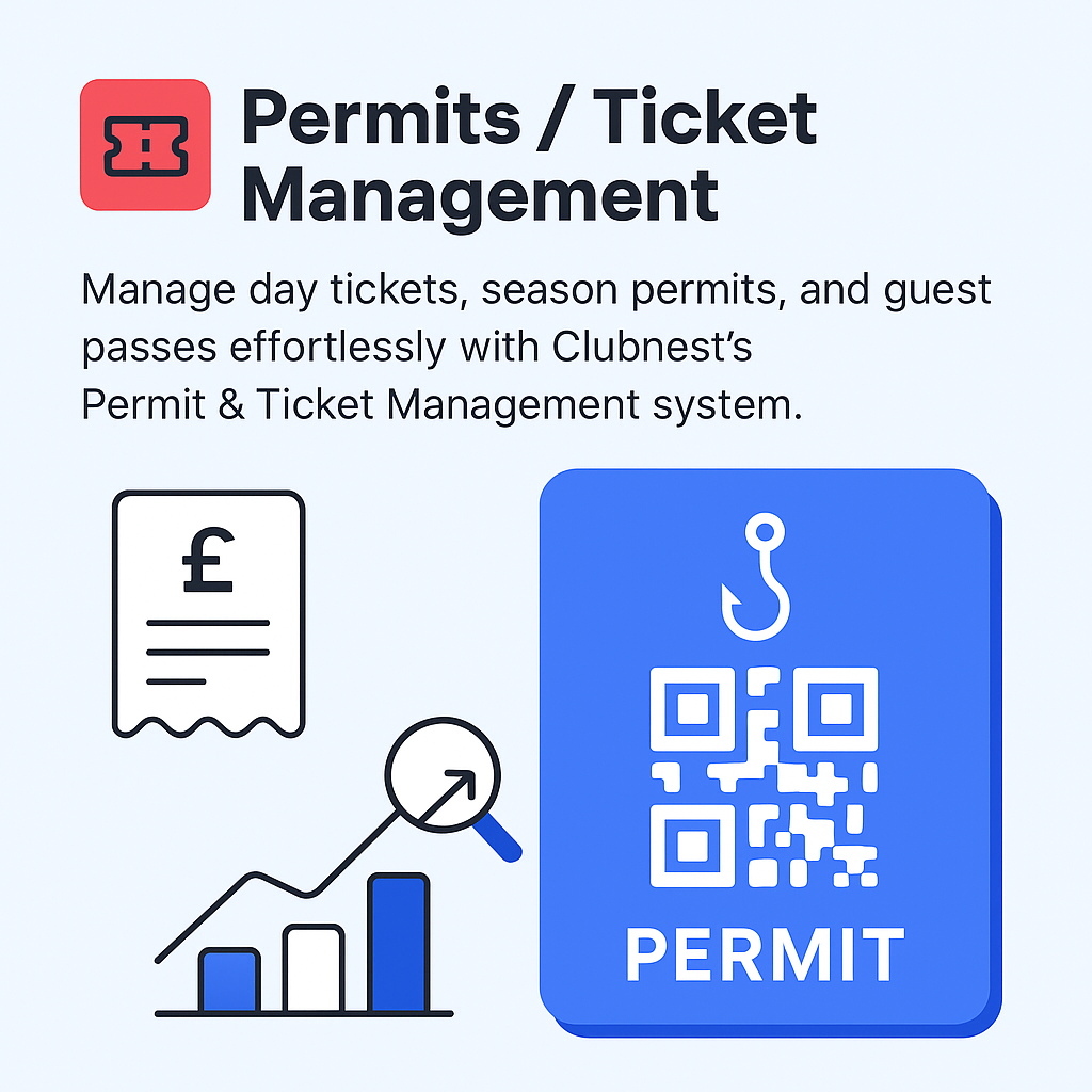 Flat style illustration showing Clubnestβs Permit & Ticket Management system, featuring a QR permit card with a fishing hook icon, pound symbol, and bar chart β representing digital ticket sales, verification, and reporting for angling clubs.