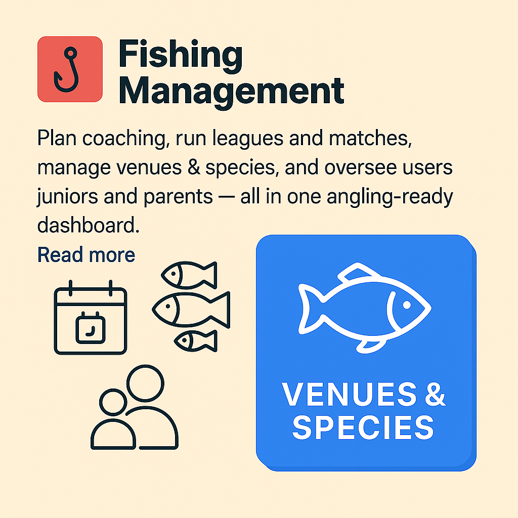 Flat illustration of a fishing dashboard with tabs for Coaching, Leagues, Matches, Venues, Species and Users, using Clubnest colours.
