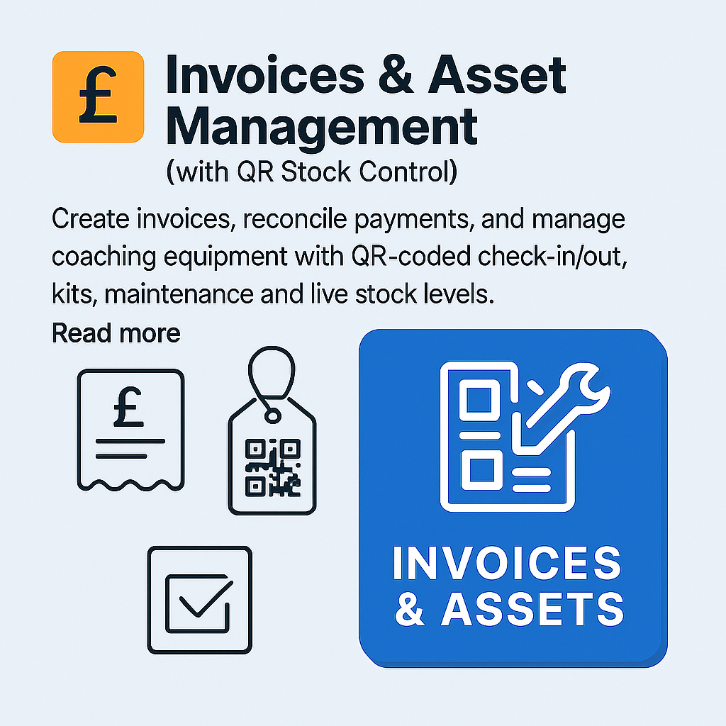 Flat illustration of a dashboard showing invoice cards, a stock shelf with QR tags, and a coach checking out a kit using a phone — in Clubnest colours.