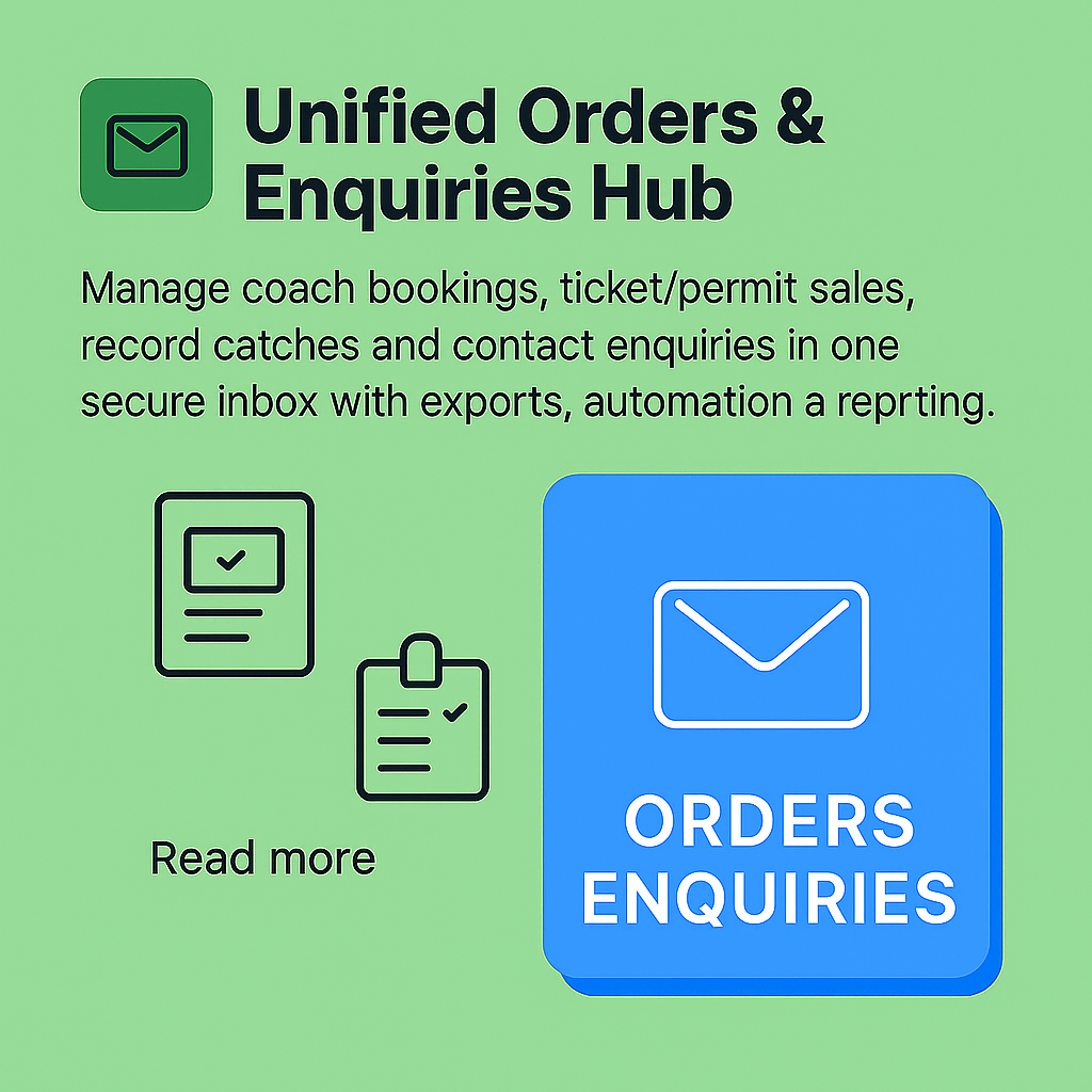 Flat illustration of a unified dashboard showing bookings, permits, catches and enquiries tabs with badges, filters and charts in Clubnest colours.